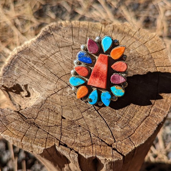 Navajo Sterling Silver Ring w Turquoise Spiny Oyster Cluster stones sz 6.5 - Picture 6 of 10